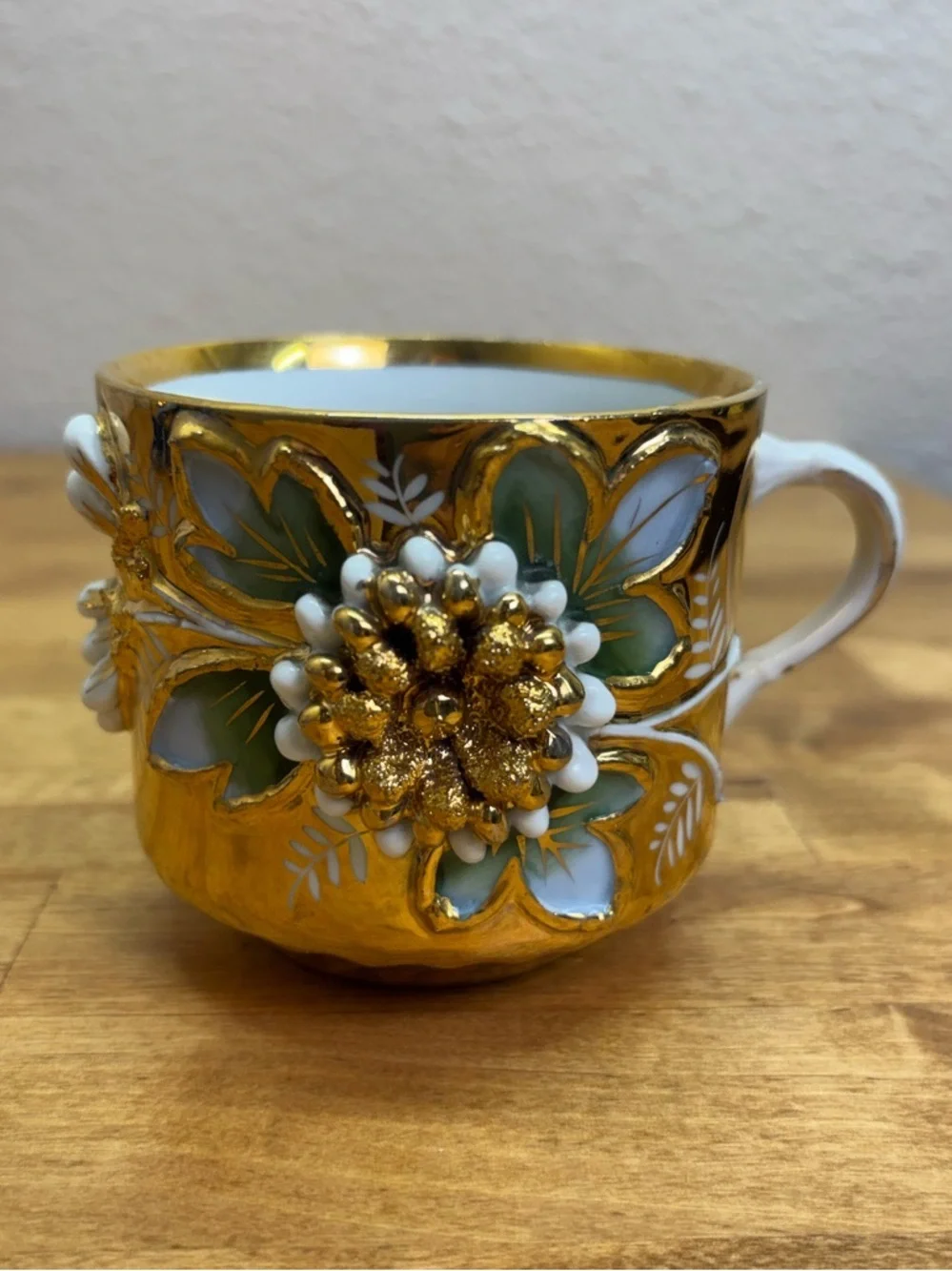 Antique German Gold Luster Mustache Cup & Tea Cup Set 3D Applied Flower 1890s